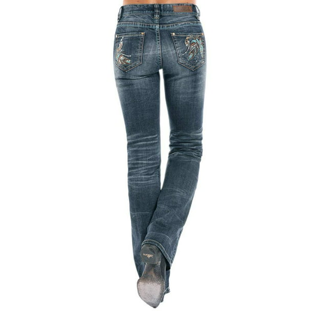 Rock N Roll Cowgirl Womens Cowgirl Embroidered Feather Jeans 